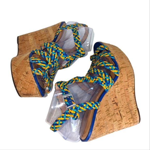 Schutz Caron Olympian Blue HIgh Heel Cork Wedge Platform Multi Color Sandals..10 - Picture 4 of 9